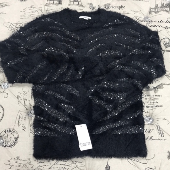 Bar III Zebra-Stripe Sequin Eyelash Sweater - Picture 3 of 4